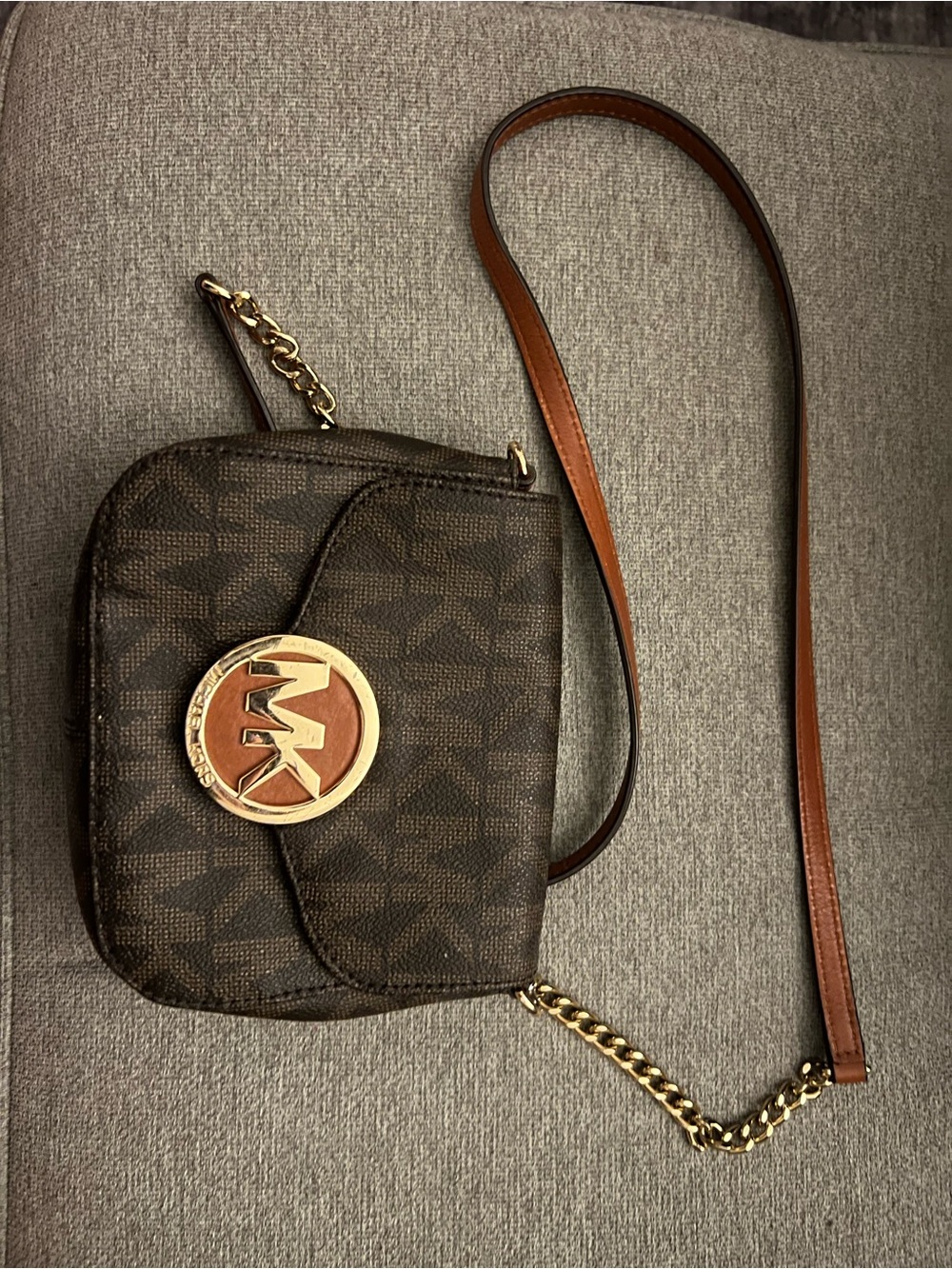 Michael Kors Brown and Gold Signature MK Logo Crossbody